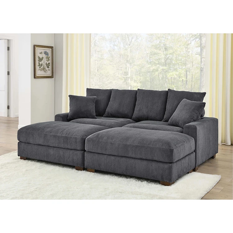 Modern Deep seated Reversible Design Velvet 2 Seater L shape Sofas With 2 Ottomans