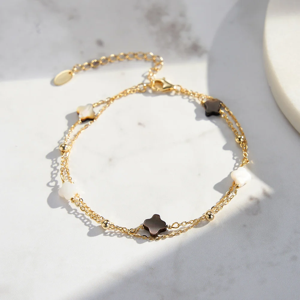 GMB65-71 RINNTIN Wholesale 14K Gold Shell pearls Bracelet Latest Girl 925 Silver Jewelry Four Leaf Clover Bracelet For Women