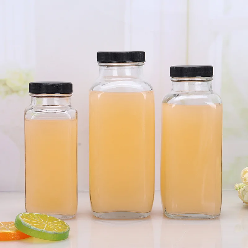 Custom 250ml 350ml 500ml Clear Square Milk Cold Brew Juice Drinking 16 oz Glass Bottles for Beverages with Lids