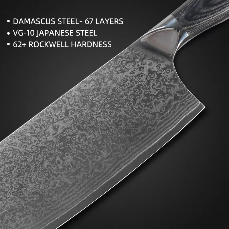 New West 67 Layers Damascus Steel Daily Cutting Kitchen Chopper Cleaver Knife With Pakka Wood Handle