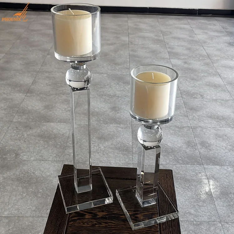 Wholesale home decorations glass candlestick single head K9 crystal tealight table pillar candle holder set of 2
