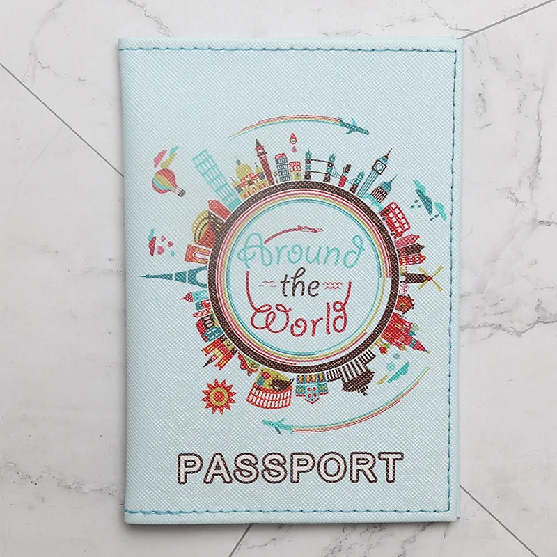 PU Leather Passport Cover with Travel the World Printed Passport Holder for Travel