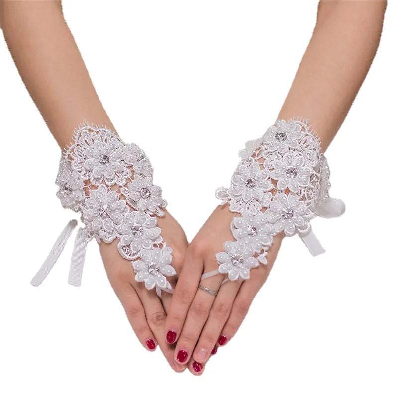 
New Fashion Hook Refers To Short Soluble Flowers Hand-Sewing Beads Drilling Flower Lace-up Bridal Wedding Dress Gloves 