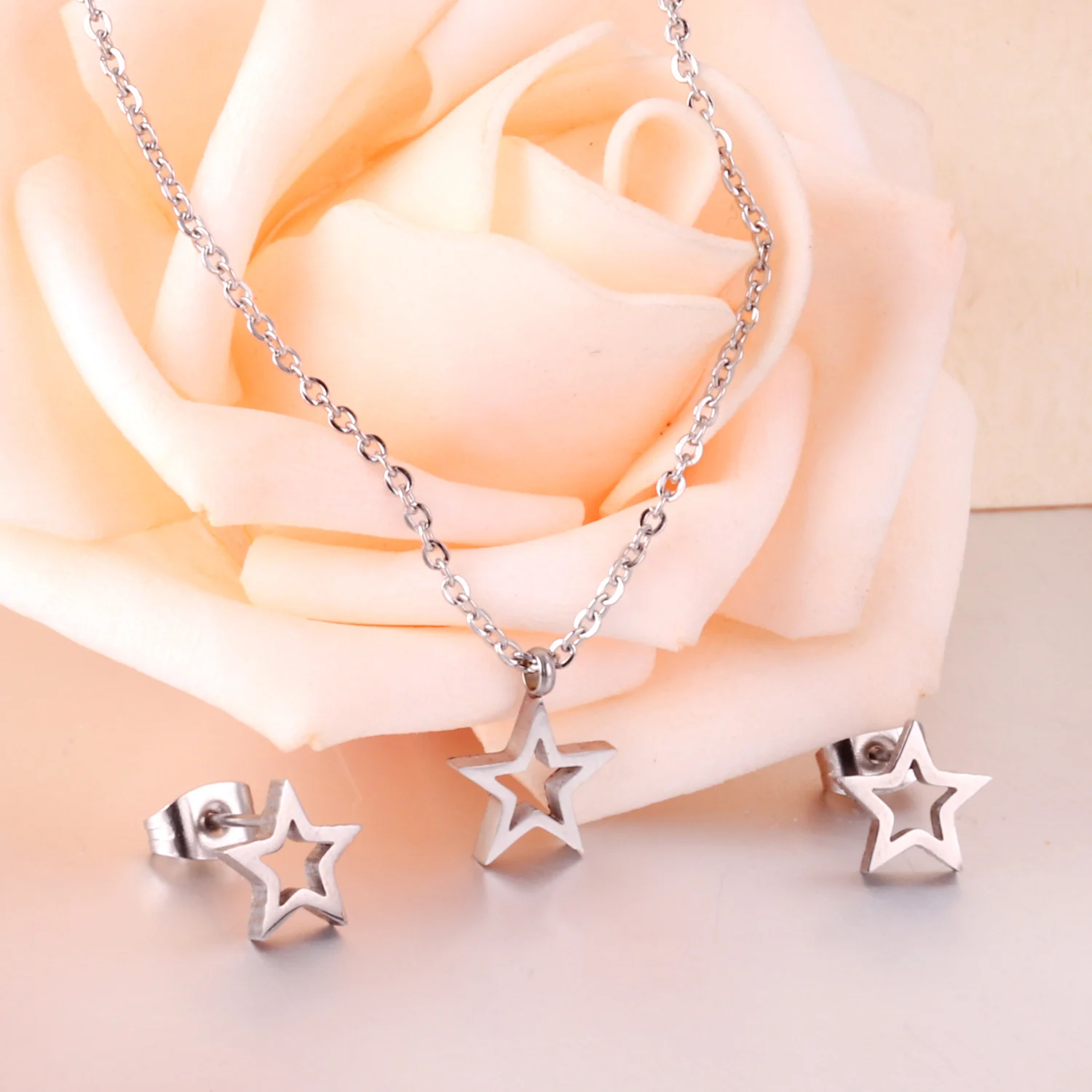 Star Shape Pendant Necklace and Earrings for Women Stainless Jewelry Sets