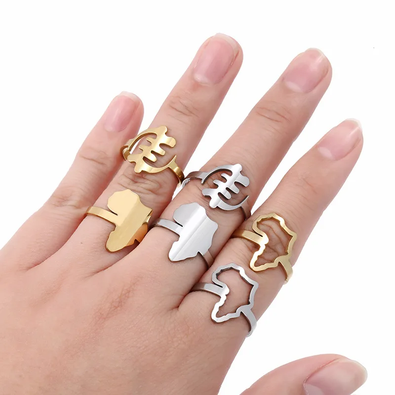 Luxury Non Tarnish PVD Plated Silver 18K Gold Adjustable 316L Stainless Steel African Map Ring Jewelry For Women Ladies