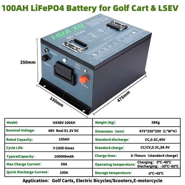Huaxu 48v lithium ion battery pack for golf cart golf cart battery charger lithium iron phosphate 48v 100ah solar battery
