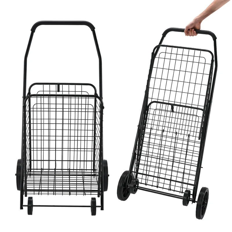 Factory Wholesale Folding Shopping Carts Foldable Supermarket Trolley Metal Basket Grocery Cart with Swivel Wheels