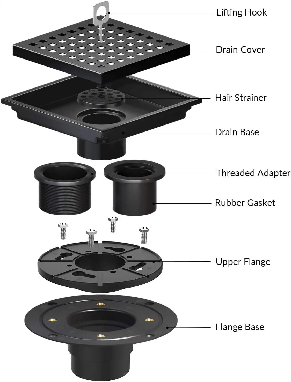Stainless Steel Matte Bla 6 Inch Square Shower Drai Flow Shower Drain kit Floor Drain with Removable Grid Cover