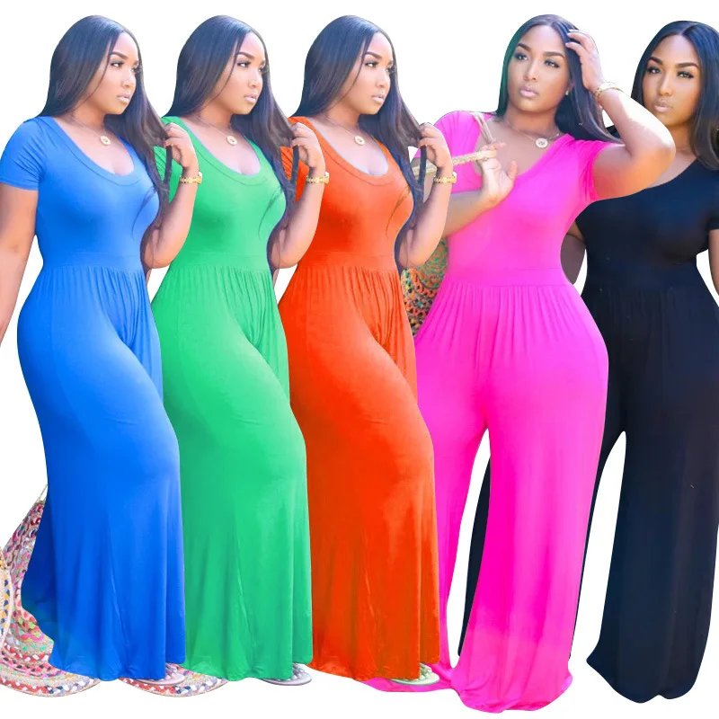 
Summer solid color wide leg fashion plus size women clothing casual jumpsuit Ladies Top and Pants Suit Jumpsuit for female 