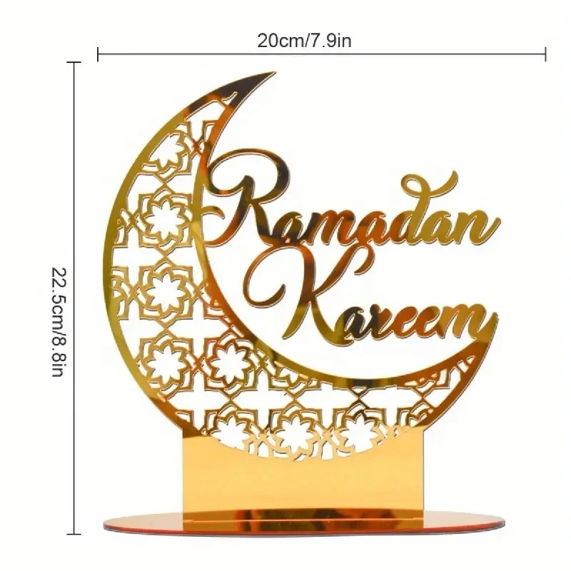 Acrylic Golden Ramadan Eid Mubarak Sculpture Moon Shape Table Desk Decoration Centerpiece Laser Cut Luxury Decorative Products