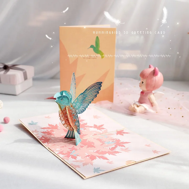Factory sales 3D animated maple leaves birds pop up greeting cards for friends
