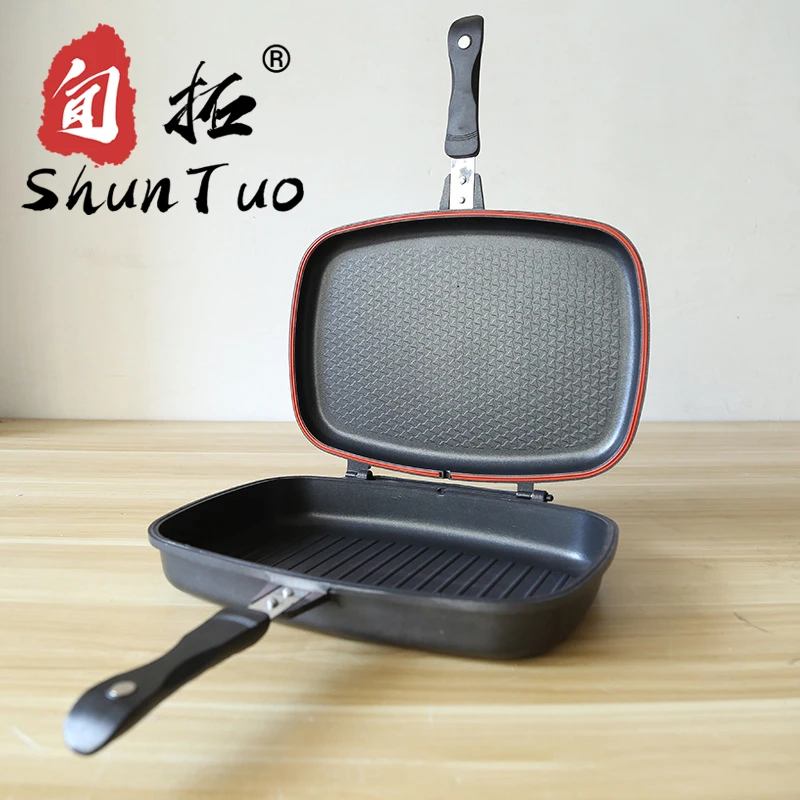 
coating pizza red enamel nonstick metal korea baking square fry bbq non stick double face aluminuim two sided grill pan 