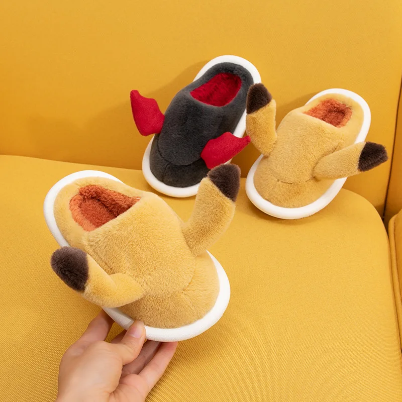 Детские тапочки для отдыха зимние теплые тапочки для мальчиков и девочек маленький Дьявол Детские хлопковые тапочки
