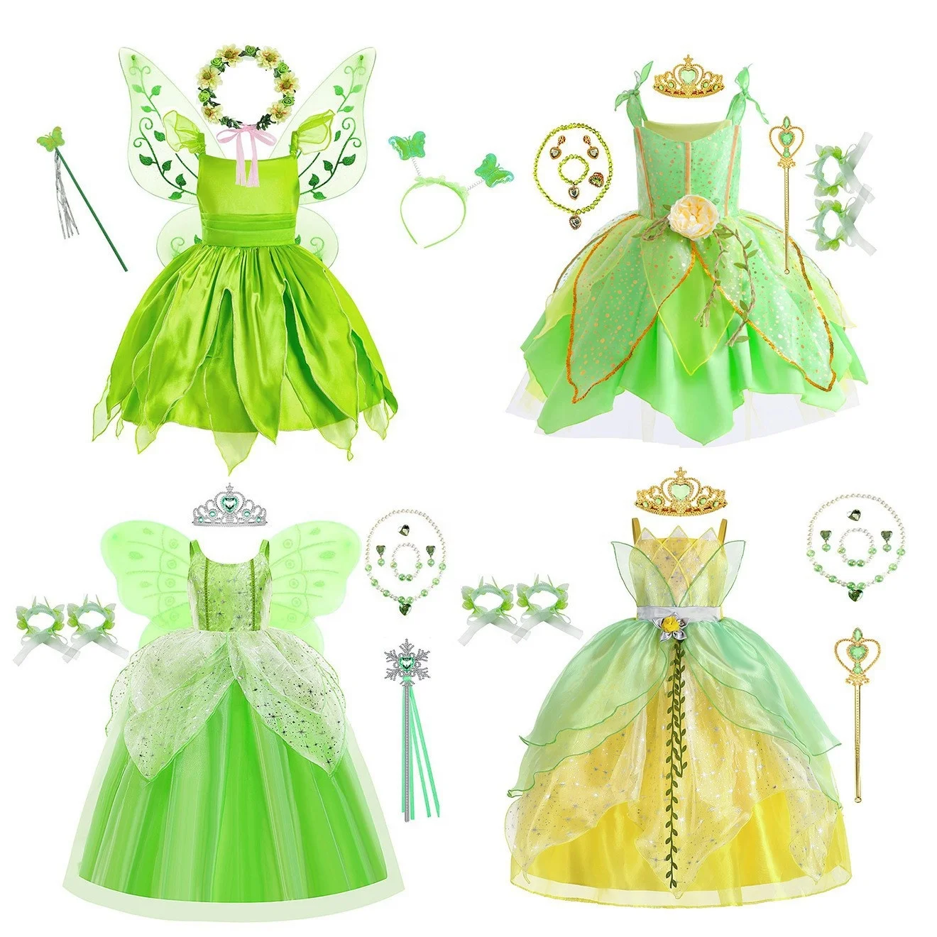 Factory price Halloween cosplay green elf dress Princess Tiana Tinker Bell school Party kids performance clothes