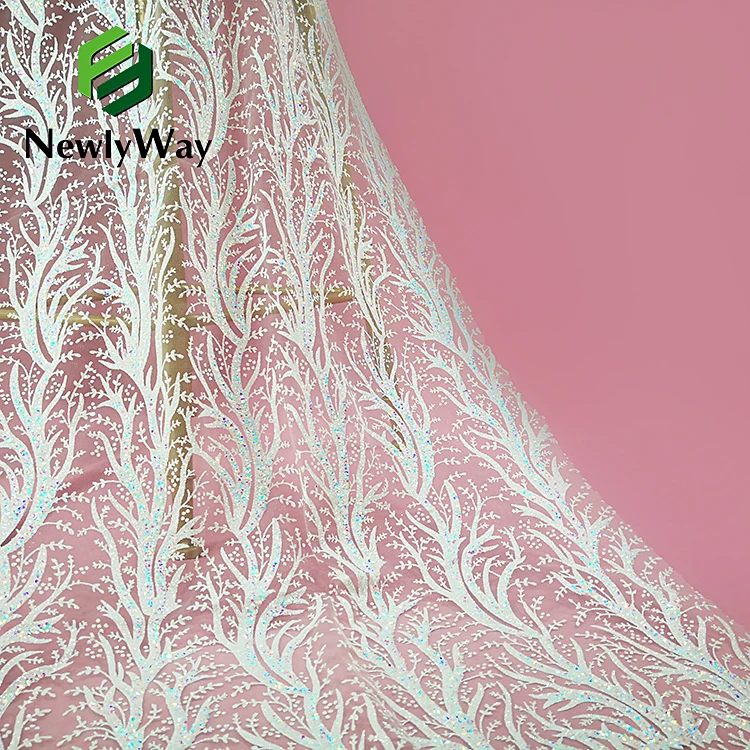 2021 Dubai Crystal Lace Sweetheart Luxury Mermaid Sequins Glitter Embroidered Lace Tulle Fabric For Bridal Wedding Dresses