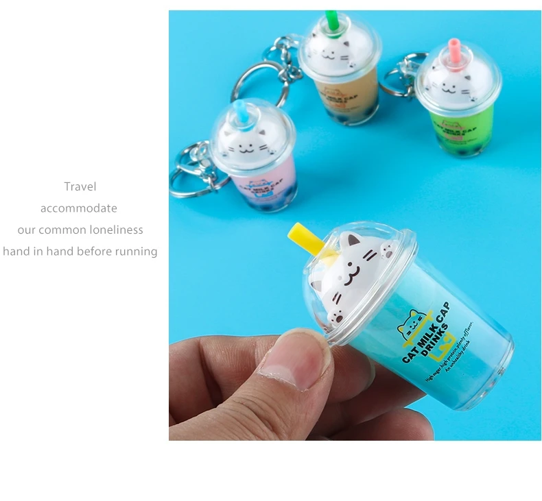 Custom Floating Plastic Key Ring Tea Cup Boba Milk Coffee Cup Keychains Cat Milk Cup key chain