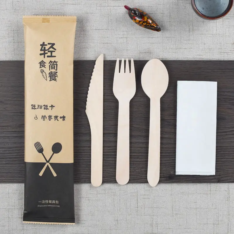 disposable paper bag wood cutlery set with napkin for fast food printing logo