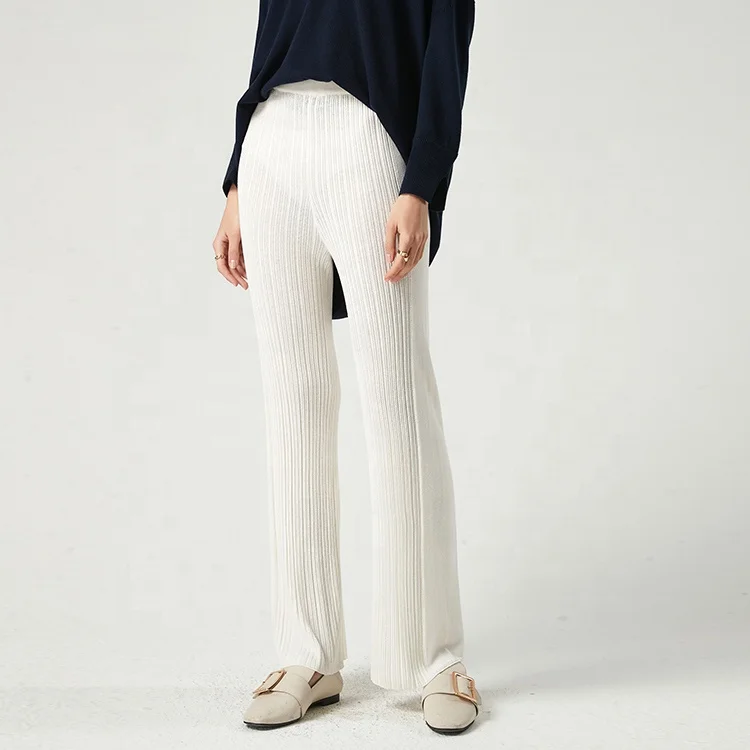 2021 Custom New Fashion Flare Wide White Ribbed Knit Pants long  100 % Pure Cashmere Warm Pants For Women