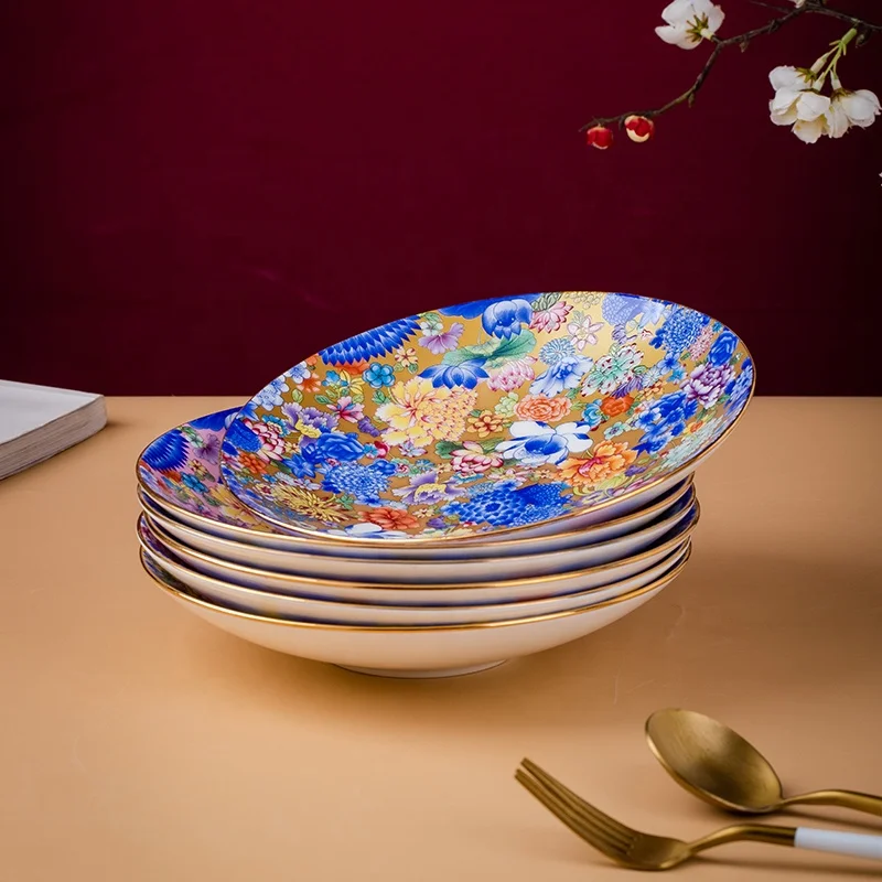 Wan Hua High-End Bone China Merchants Dining Plate Sustainable Feature Chinese Art Plate Hotels Home Use Enamel Color Steak