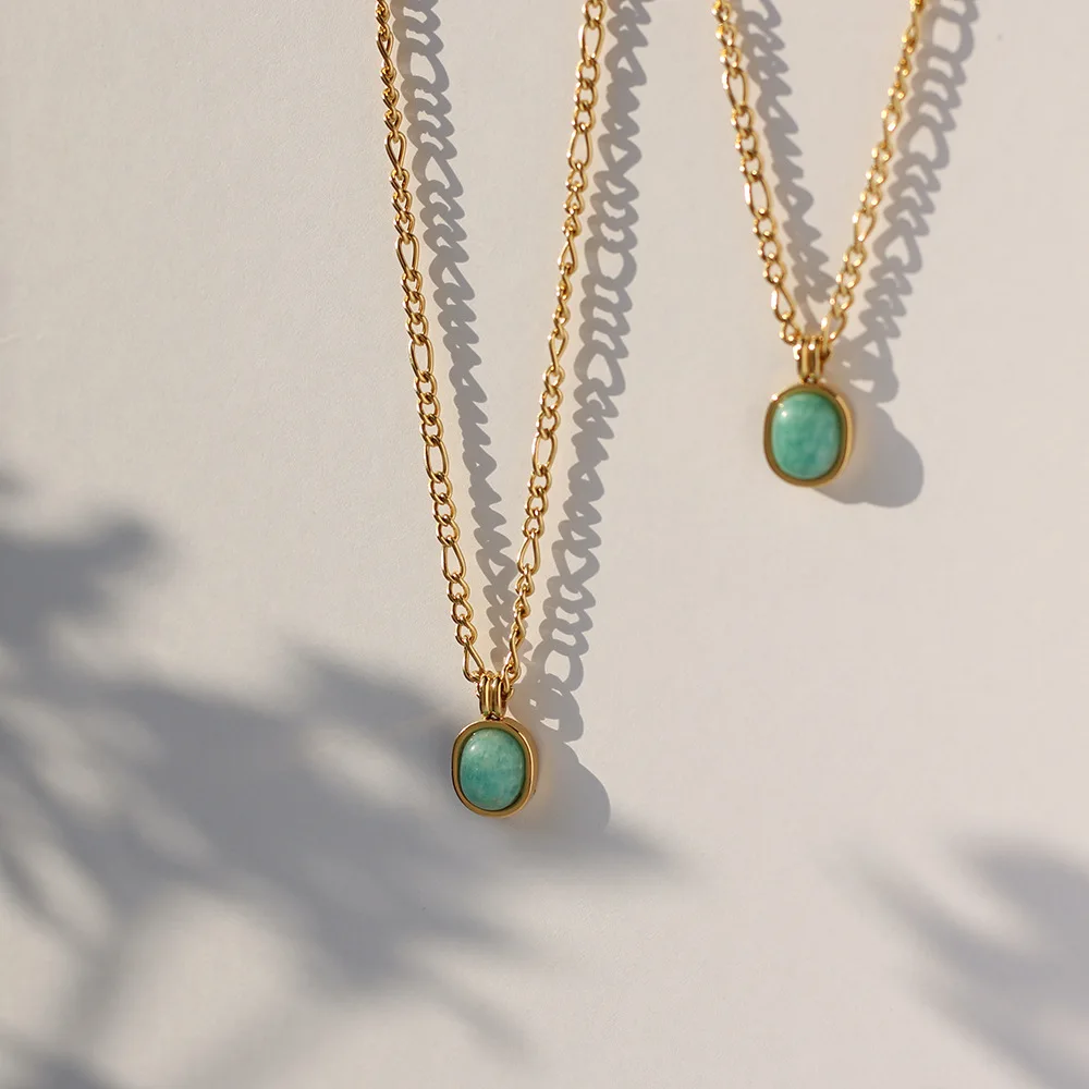 18K Gold Plated Stainless Steel Women Gemstone Jewelry Cabochon Amazonite Natural Stone Necklace With Figaro Chain