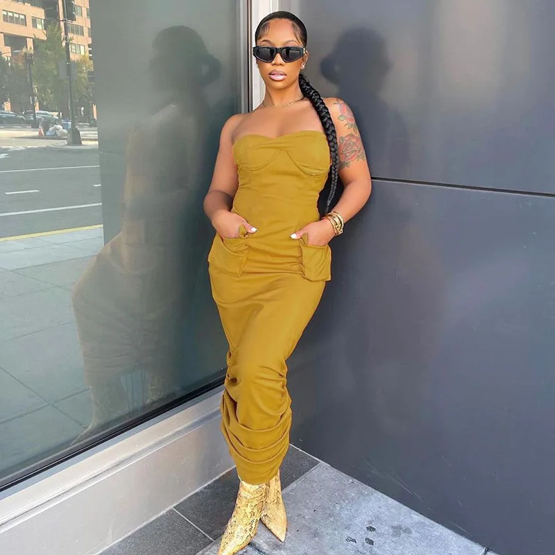 2022 Latest Plain Yellow Women Off Shoulder Corset Drawstring Pockets Pleated Ruched Dress