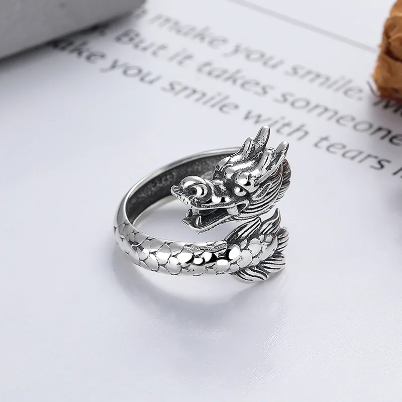 S925 sterling silver year of the loong Antique Heavy Industry Edition  dragon totem national tide wind jewelry opening ring