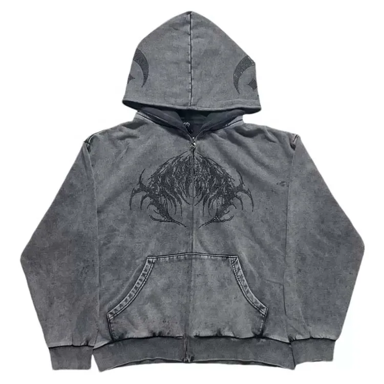 New Arrivals Wholesale Hot Sale Custom Logo Vintage Acid Wash Oversized Full Zip Up Hoodie