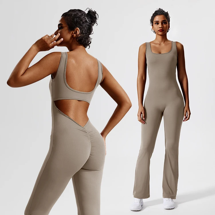 Wholesale Hollow Out Back Lightweight Gym Workout Bodysuit Tight Sports One Piece Stretchy Yoga Fitness Flared Jumpsuits