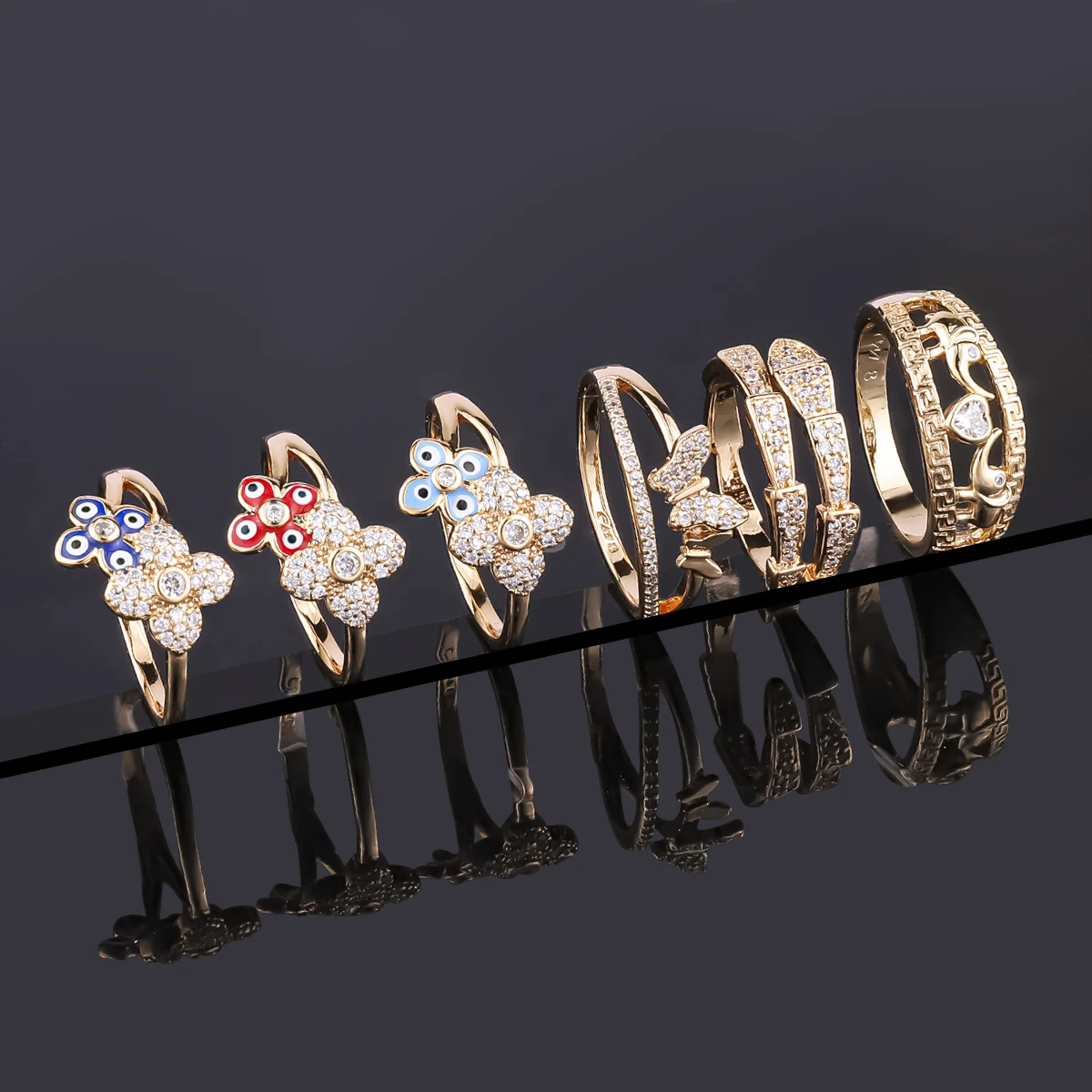 Trendy zircon rings jewelry copper 18K gold plated evil eyes snake elephant butterfly ring for women oro laminado mujer anillo