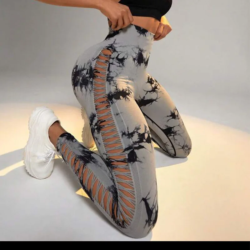 Ombre Tie Dye Double Push Up Yoga Leggings Women Gym Fitness Sports Wear Seamless Workout Tights Running Hollow yoga Pants LOGO