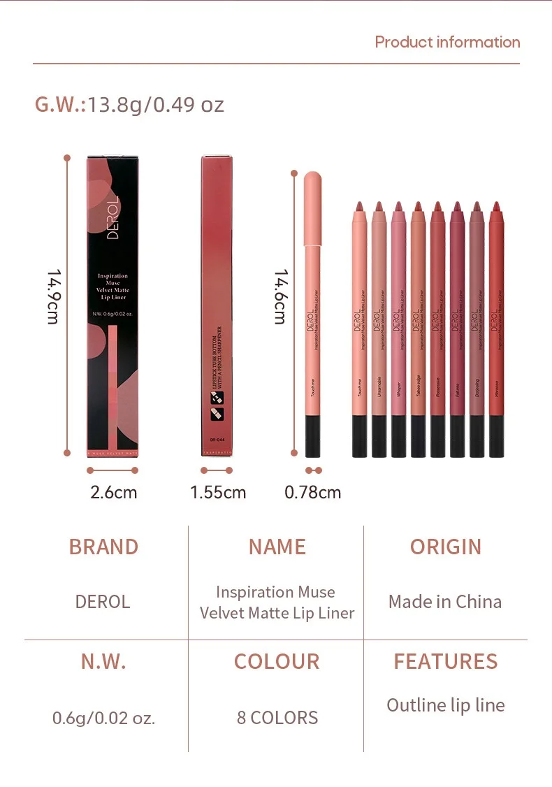 Retractable Smooth Application Creamy Color Slim Matte Gel Lip Liner Pencils