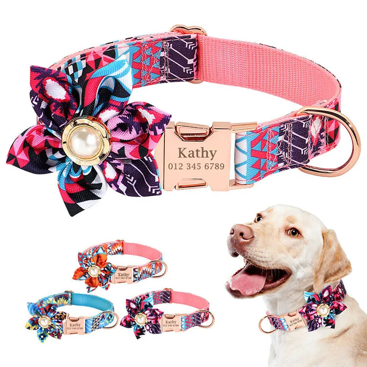 2021 Trending Products Safety Metal Buckle Adjustable Floral Pattern Custom Printed Nylon Dog