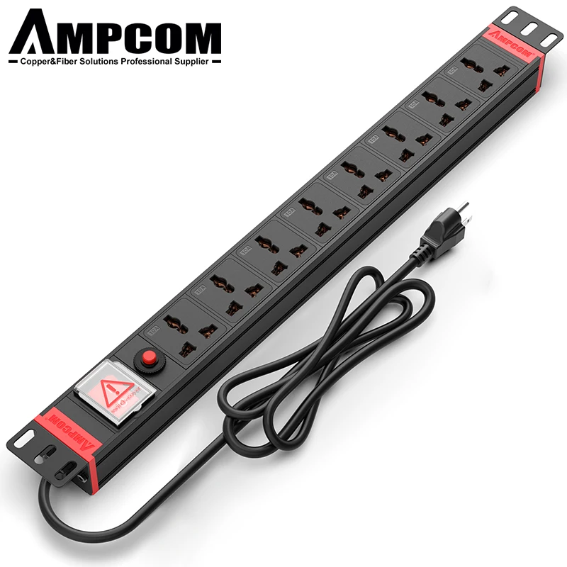 AMPCOM 19 inches 8 outlets 16A PDU Power Strip Distribution Rack for Server Room Network Patch Panel