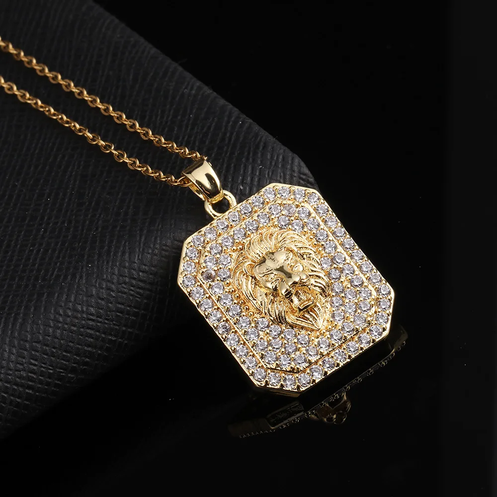 LC20240190 Wholesale fashion women men zircon lion head pendant chain necklace