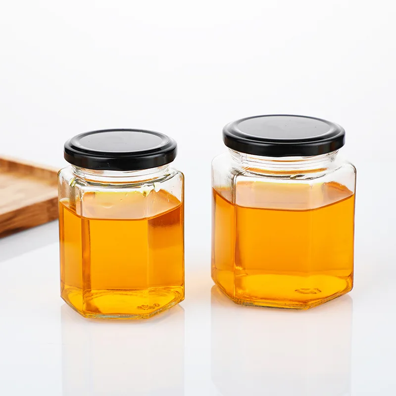Wholesale Empty Hexagon Airtight Food Storage Container Set 100ml 280ml 380ml 500ml Glass Pickle Jam Honey Jars with Metal Lid
