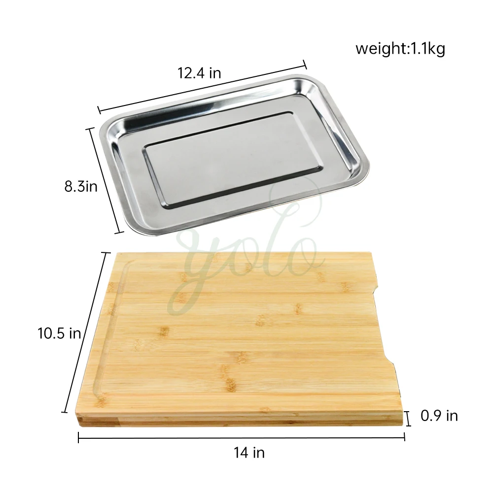 Kitchen Stainless Steel Metal 2024 Double Side Butcher Food Blocks Bamboo Cutting Wooden Chopping Board Set with Tray Container