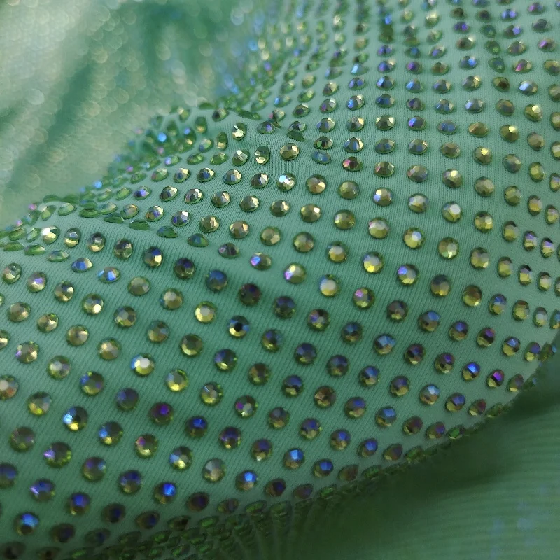 New Pop Sparkling Crystal Gemstone ss10 Rhinestone Green Stretch Fabric for DIY Dress Skirts