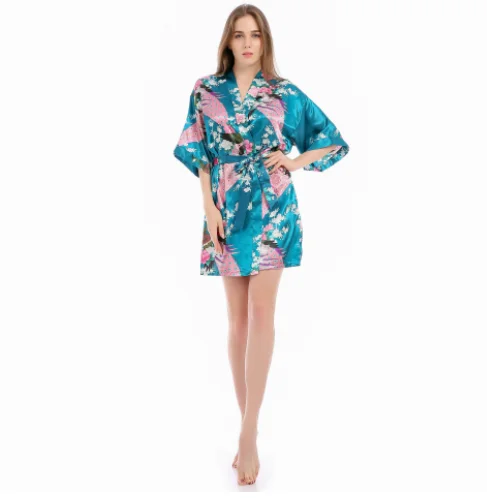 Wholesale ladies peacock short cardigan silk satin robes for luxury women home wear