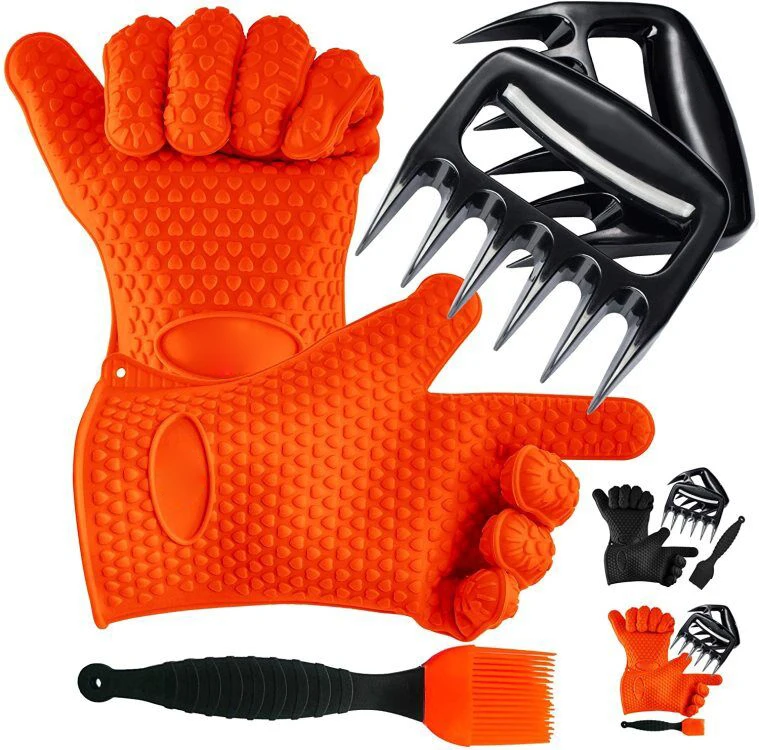 GreenEarth Silicone Oven Mitts BBQ Grill Brush Meat Claws Heat Resistant Kitchen Tool Sets Including Skewers Basket in Box