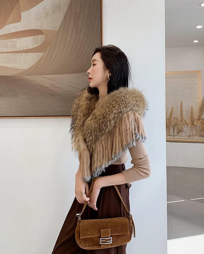 YR279 Detachable Fur Collar Fox Fur Shawl With Rabbit Fur Tassel