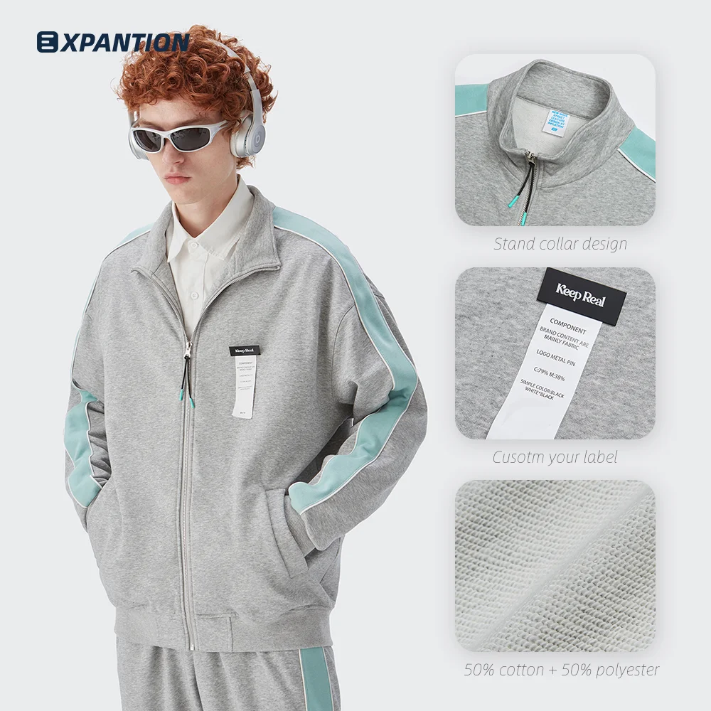 EXP wholesale streetwear hiphop loose casual 330gsm french terry reflective sport hooded winter fleece squid game men jacket