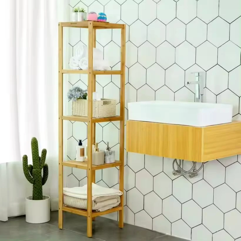 Bamboo Wood Bathroom Shelf Unit Tower Bookshelf Multifunctional Storage Rack Display 5 Tier Square Bamboo Bathroom Rack Shelf