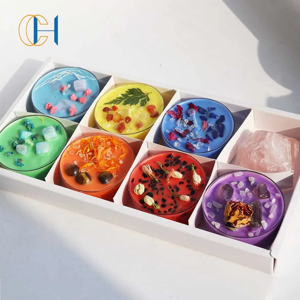 CH Hot Sale 7 Chakra Candles (Set of 7) with Natural Crystals & Mala Beads for Meditation Healing Scented Candles