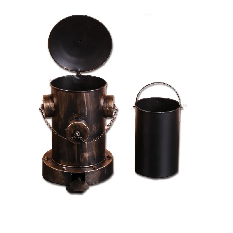Iron Metal Trash Can with Hydrant Shape Unique Design Foot Dustbin with a Hexagonal Ashtray  Storage Bin for Living Room