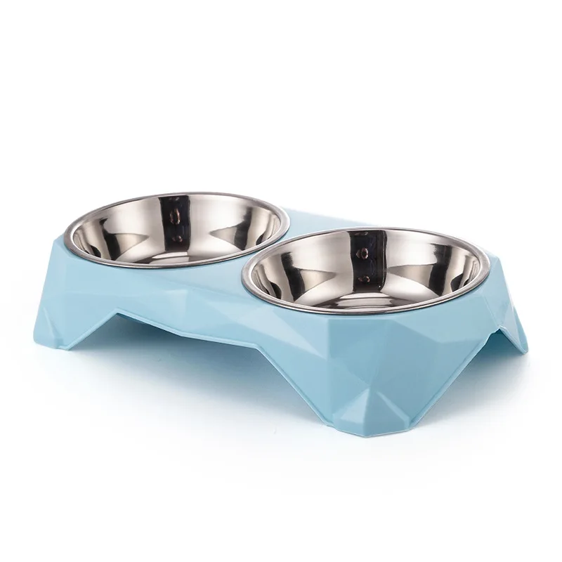New Candy Color Diamond Thicken Pet Bowl Cartoon Double Pet Bowl Stainless Pet Feeder Bowl
