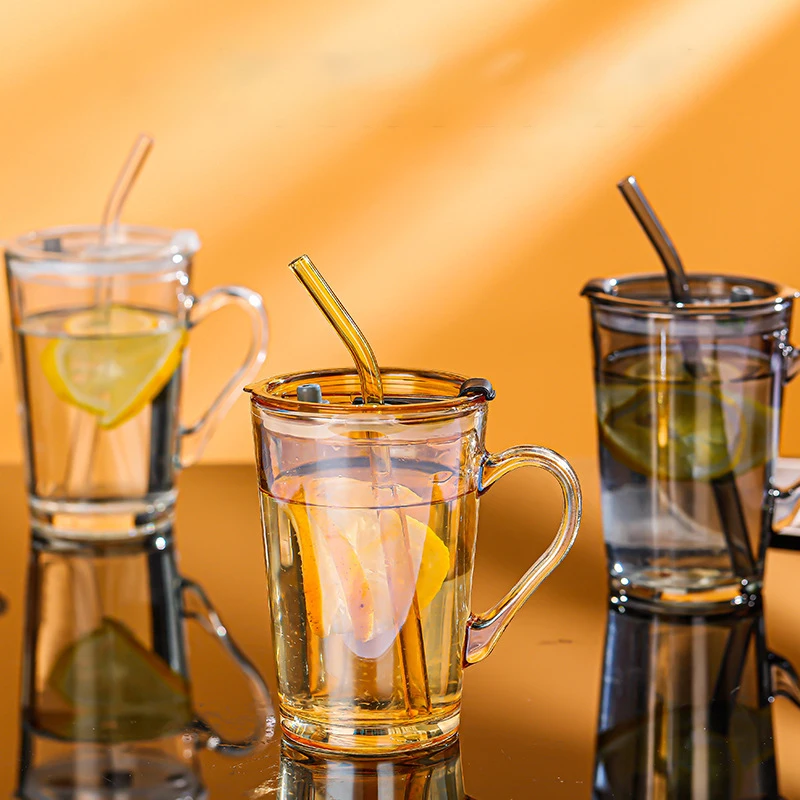 High temperature resistant crystal white material glass water cup fashion handle cup straw cup