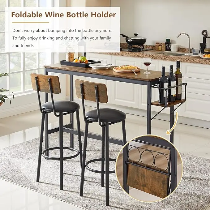 Bar Table and Chairs With Collapsible Bottle Holder for Kitchen Apartment Small Space