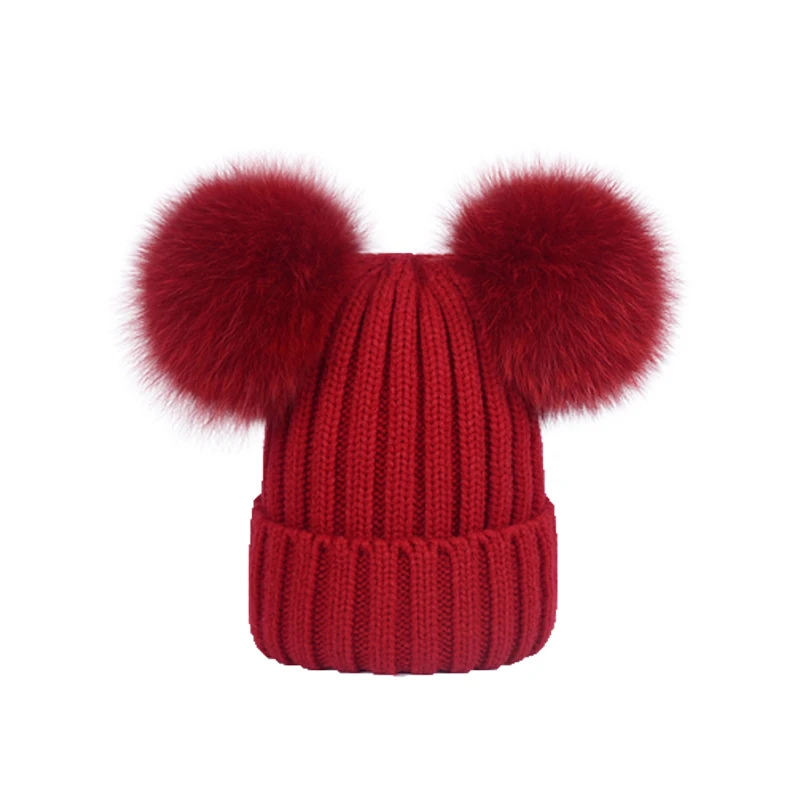 China factory winter beanie racoon fur ball pompom hat double pom hat