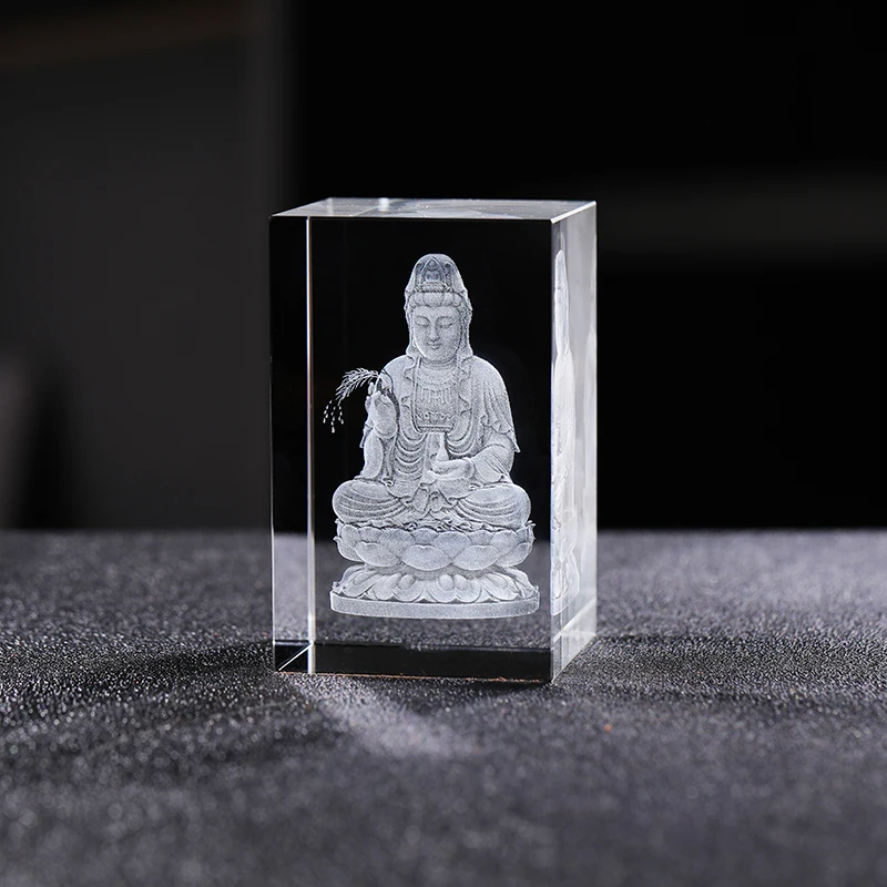 Custom Religious Crystal Crafts 3D Laser Engrave Buddha Statue Photos Crystal Cube With LED Wooden Frame Base