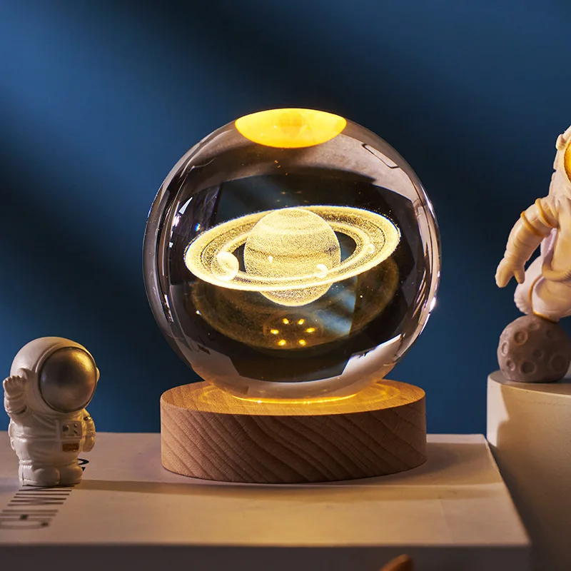 Художественный 3D стеклянный шар ночник с деревянной основой фантастический декоративный хрустальный Сатурн светодиодный креативный планеты